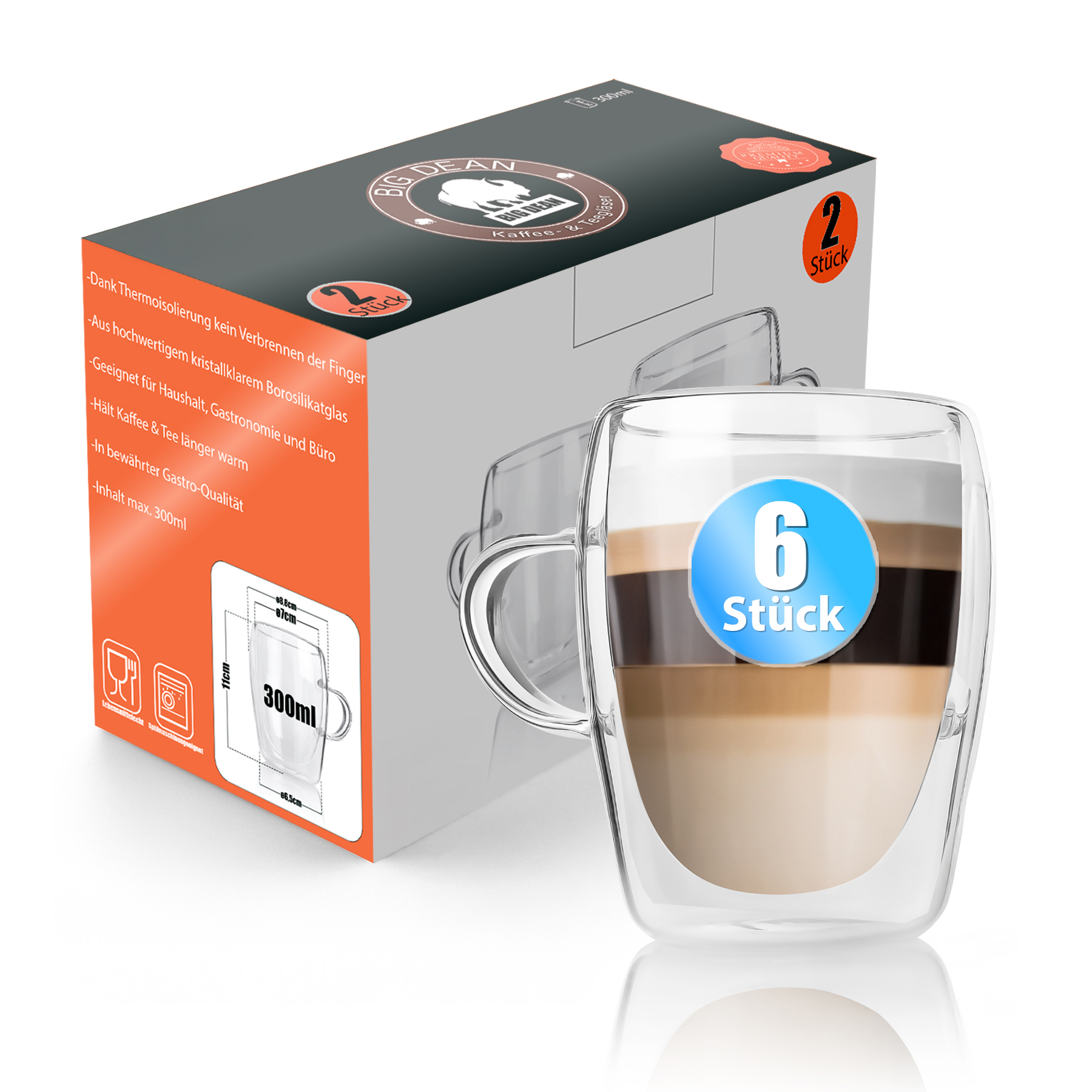 6x doppelwandige Latte Macchiato Gläser mit Henkel 300ml Teegläser Thermogläser